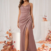 WW | Brautjungfernkleid Satin V-Ausschnitt Geteilter Rücken Ärmelloses Abendgast Hochzeitskleid