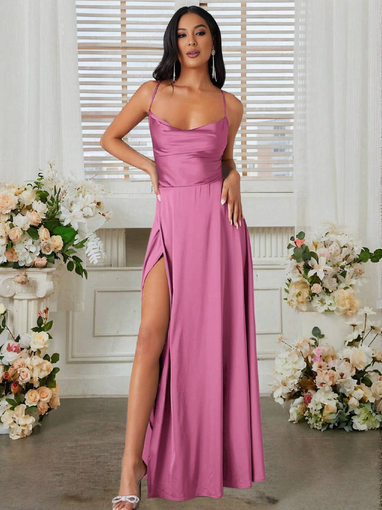 WW | Langes Satin Kleid mit Schlitz An Der Seite Rückenfrei mit Dünnen Trägern Ärmellos Elegante Abendmode für Hochzeit Zeremonie