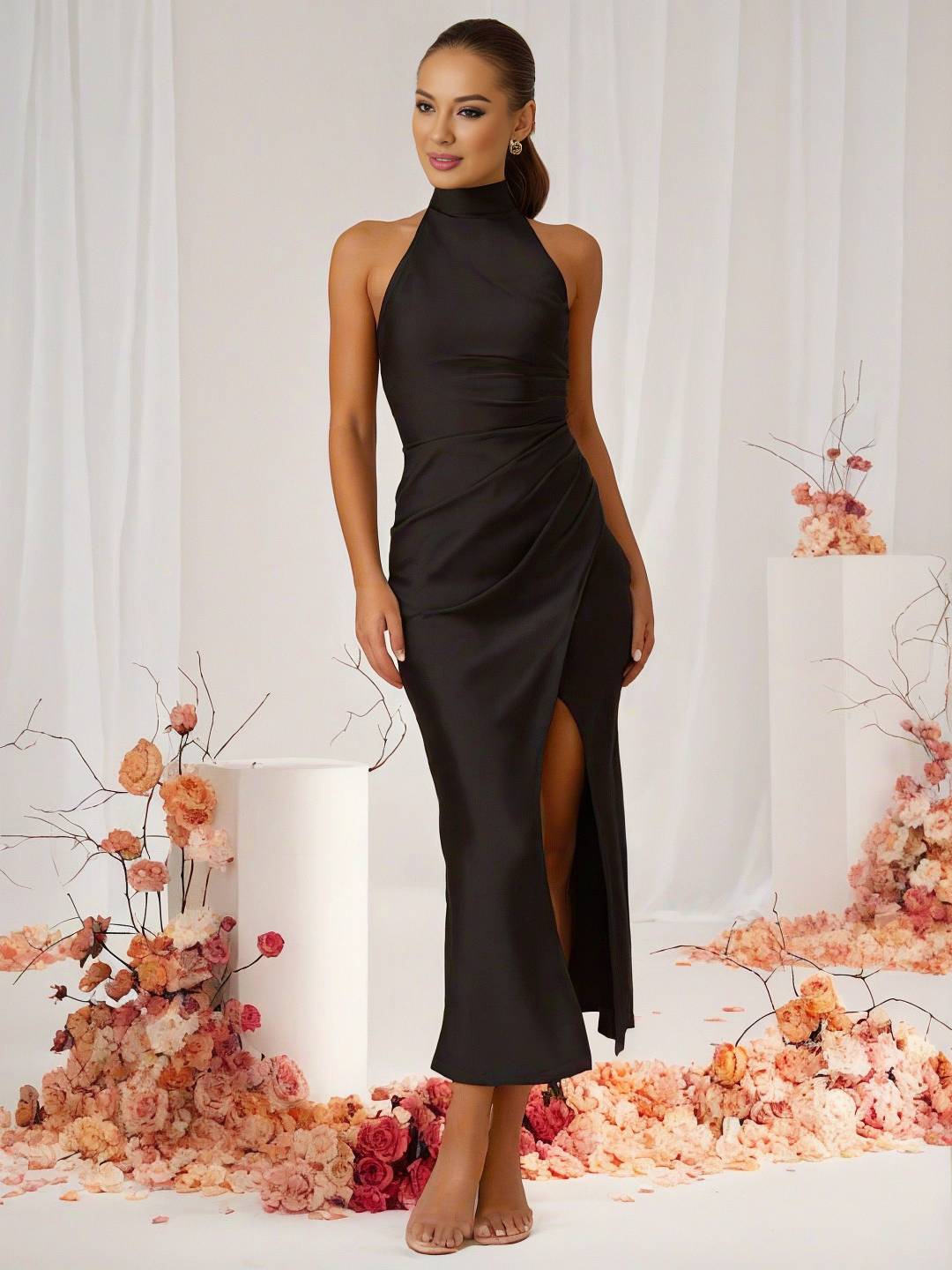 WW | Brautjungfernkleid Satin Halter Offene Rückseite Ärmellos Elegant Hochzeit Cocktail Zeremonie Gast