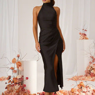 WW | Brautjungfernkleid Satin Halter Offene Rückseite Ärmellos Elegant Hochzeit Cocktail Zeremonie Gast