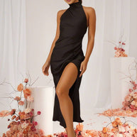 WW | Brautjungfernkleid Satin Halter Offene Rückseite Ärmellos Elegant Hochzeit Cocktail Zeremonie Gast