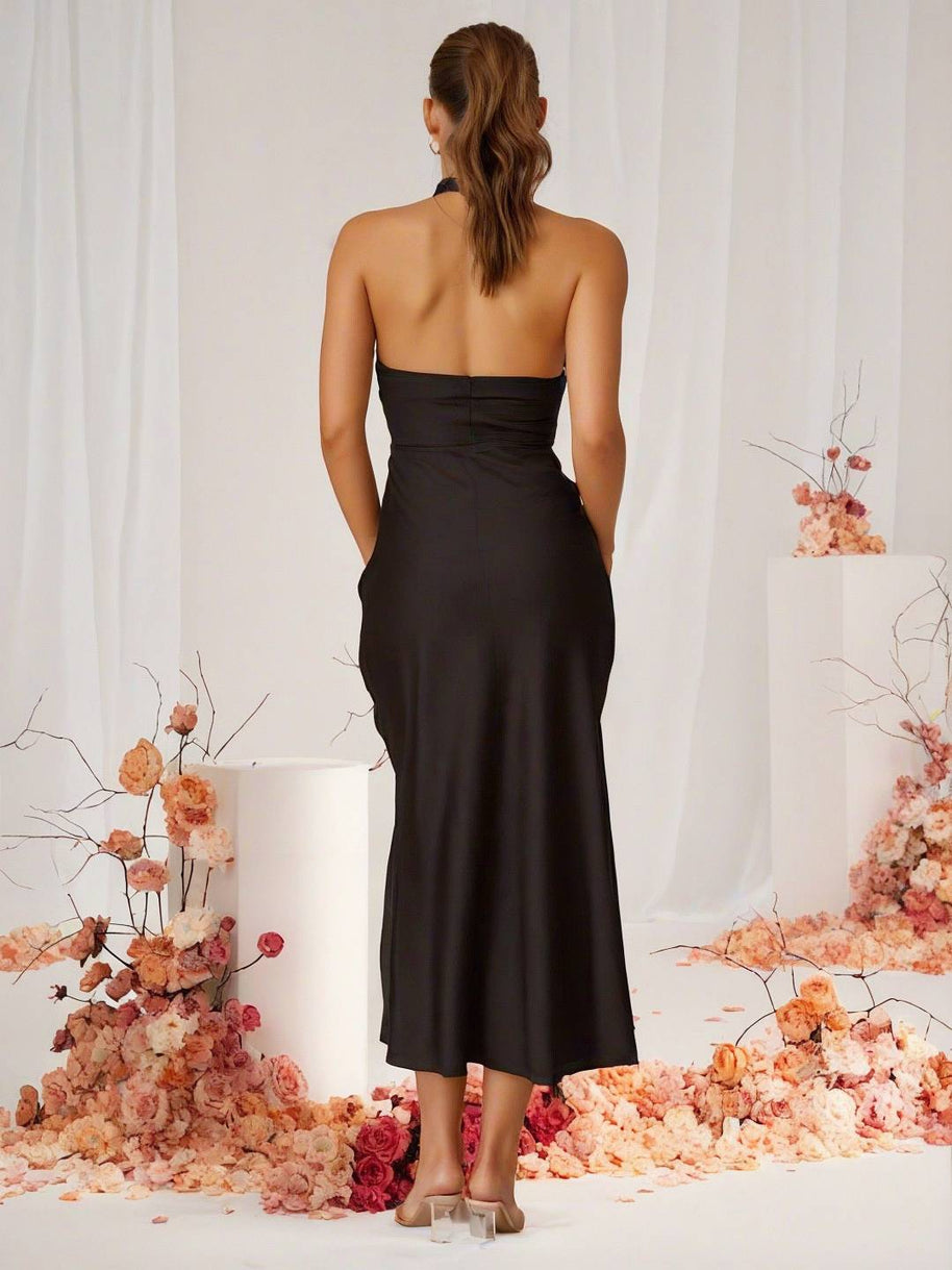 WW | Brautjungfernkleid Satin Halter Offene Rückseite Ärmellos Elegant Hochzeit Cocktail Zeremonie Gast