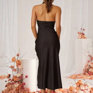 WW | Brautjungfernkleid Satin Halter Offene Rückseite Ärmellos Elegant Hochzeit Cocktail Zeremonie Gast