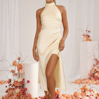 WW | Brautjungfernkleid Satin Halter Offene Rückseite Ärmellos Elegant Hochzeit Cocktail Zeremonie Gast