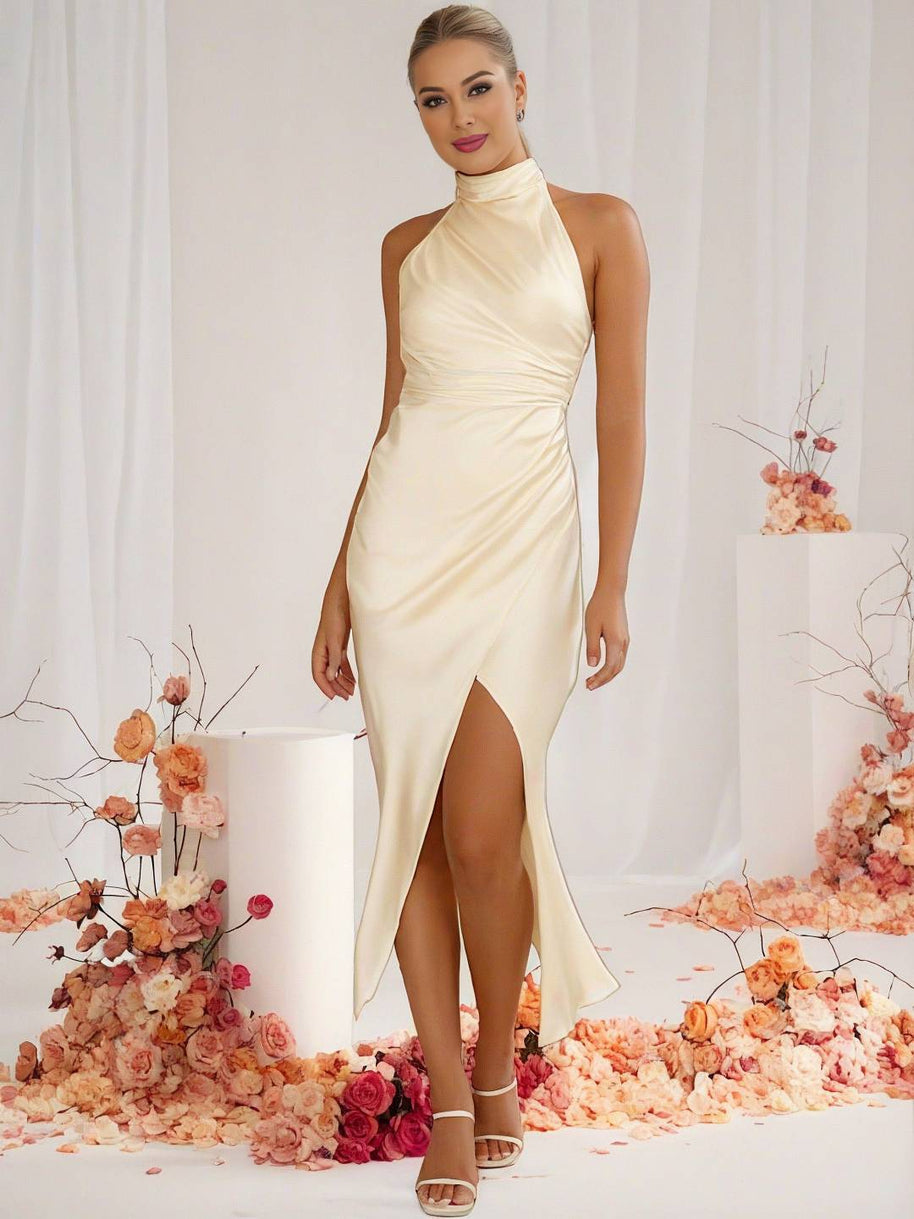 WW | Brautjungfernkleid Satin Halter Offene Rückseite Ärmellos Elegant Hochzeit Cocktail Zeremonie Gast