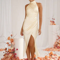 WW | Brautjungfernkleid Satin Halter Offene Rückseite Ärmellos Elegant Hochzeit Cocktail Zeremonie Gast
