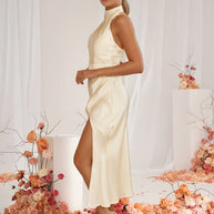 WW | Brautjungfernkleid Satin Halter Offene Rückseite Ärmellos Elegant Hochzeit Cocktail Zeremonie Gast