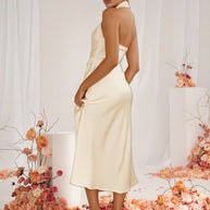 WW | Brautjungfernkleid Satin Halter Offene Rückseite Ärmellos Elegant Hochzeit Cocktail Zeremonie Gast