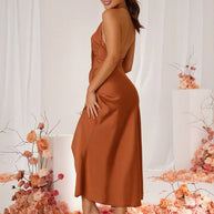 WW | Brautjungfernkleid Satin Halter Offene Rückseite Ärmellos Elegant Hochzeit Cocktail Zeremonie Gast