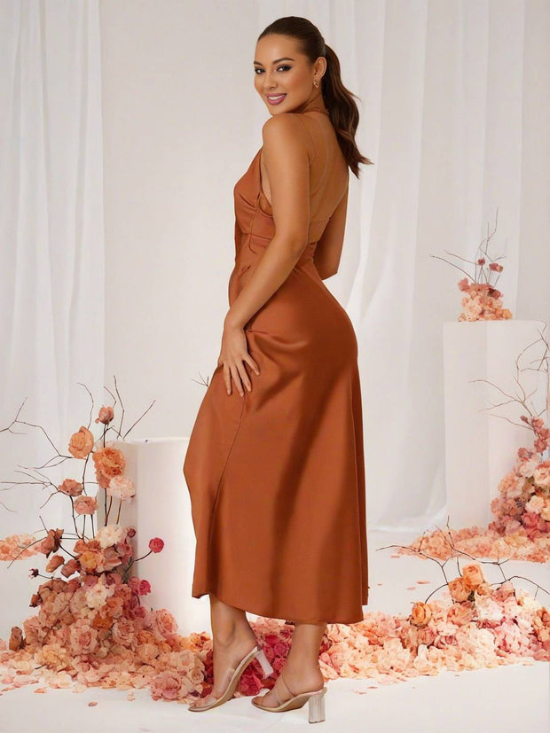 WW | Brautjungfernkleid Satin Halter Offene Rückseite Ärmellos Elegant Hochzeit Cocktail Zeremonie Gast