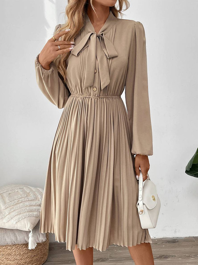 WW | Mittel-Langes Plisseekleid Schleife Knopfverschluss Lavalierkragen Lange Ärmel Damen Elegant Freizeit Prom