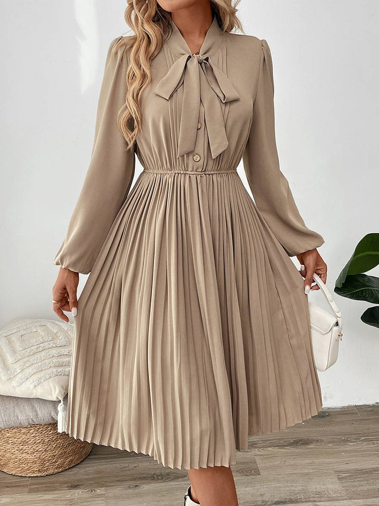 WW | Mittel-Langes Plisseekleid Schleife Knopfverschluss Lavalierkragen Lange Ärmel Damen Elegant Freizeit Prom