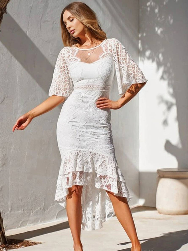 WW | Langes Kleid Spitze Schwalbenschwanz Meerjungfrau Rundhals Trompetenärmel Kurzarm Damen Elegant Hochzeit Gast