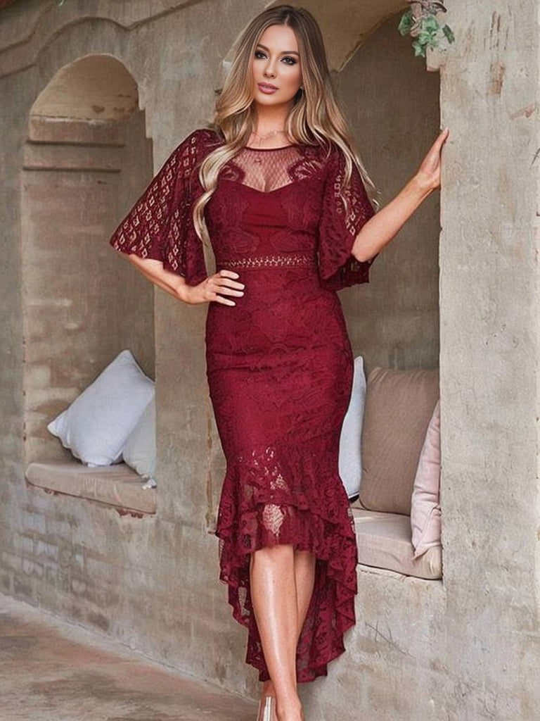 WW | Langes Kleid Spitze Schwalbenschwanz Meerjungfrau Rundhals Trompetenärmel Kurzarm Damen Elegant Hochzeit Gast