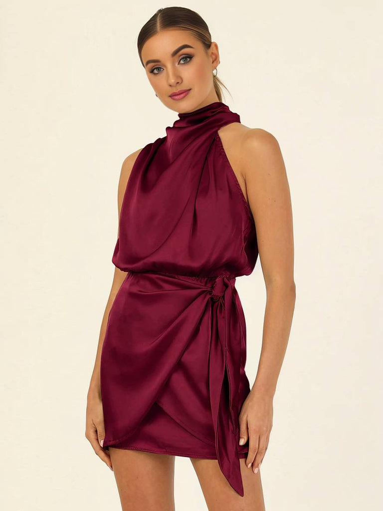 WW | Unregelmäßiges Kurzkleid Gürtel Rollkragen Halfter Ärmellos Damen Elegant Zeremonie Hochzeitsgast Cocktail
