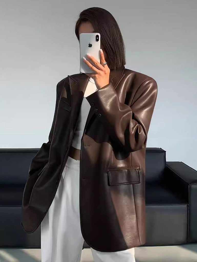 WW | Blazer Kunstleder Knopf Taschen Lange Ärmel Damen Elegant Leger Weit Mantel