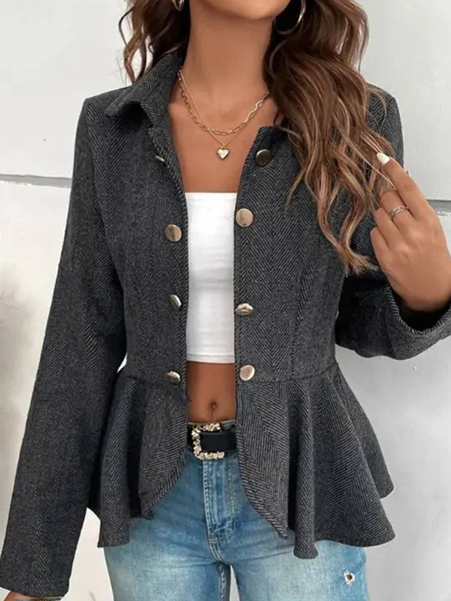 WW | Kurzer Blazer Chevron Peplum Doppelter Knopf Verschluss Reverskragen Lange Ärmel Damen Elegant Lässig Jacke