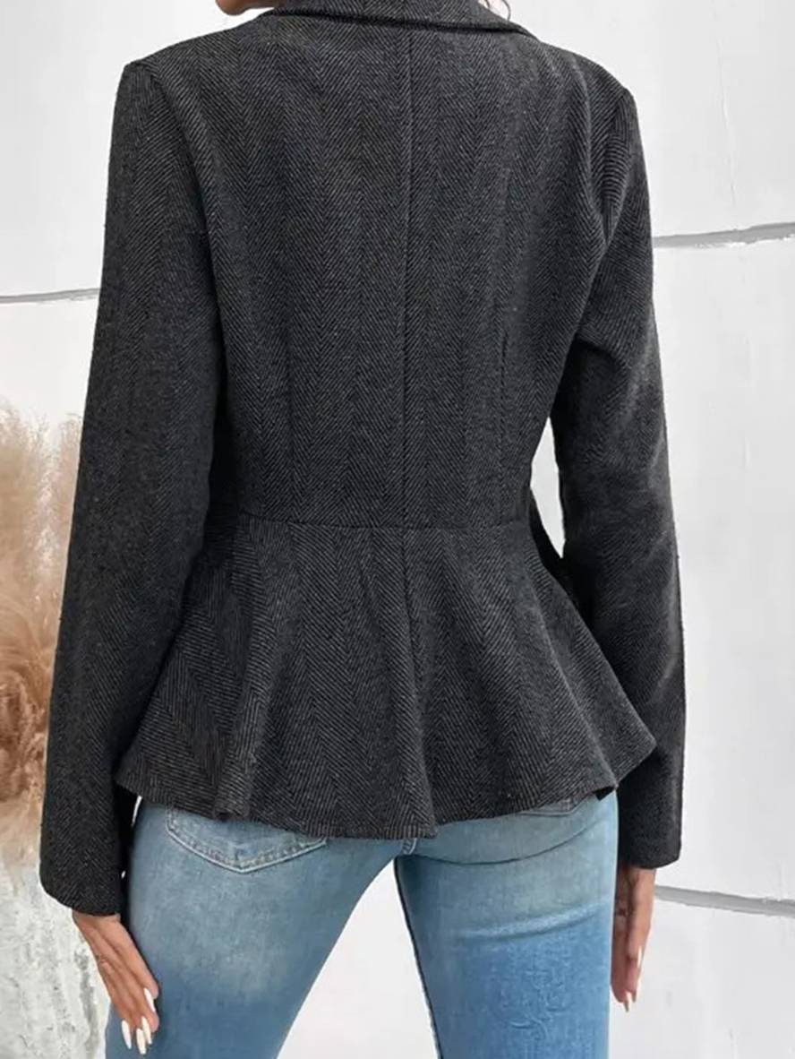 WW | Kurzer Blazer Chevron Peplum Doppelter Knopf Verschluss Reverskragen Lange Ärmel Damen Elegant Lässig Jacke