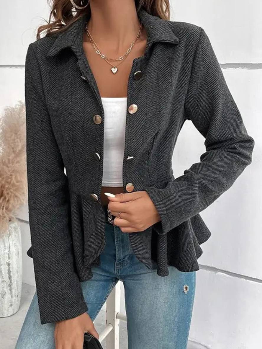 WW | Kurzer Blazer Chevron Peplum Doppelter Knopf Verschluss Reverskragen Lange Ärmel Damen Elegant Lässig Jacke