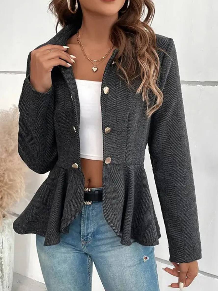 WW | Kurzer Blazer Chevron Peplum Doppelter Knopf Verschluss Reverskragen Lange Ärmel Damen Elegant Lässig Jacke