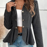 WW | Kurzer Blazer Chevron Peplum Doppelter Knopf Verschluss Reverskragen Lange Ärmel Damen Elegant Lässig Jacke