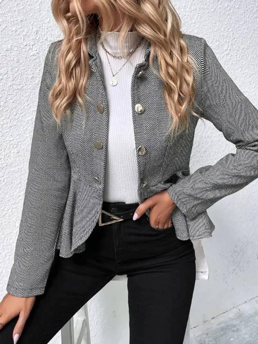 WW | Kurzer Blazer Chevron Peplum Doppelter Knopf Verschluss Reverskragen Lange Ärmel Damen Elegant Lässig Jacke