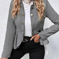 WW | Kurzer Blazer Chevron Peplum Doppelter Knopf Verschluss Reverskragen Lange Ärmel Damen Elegant Lässig Jacke