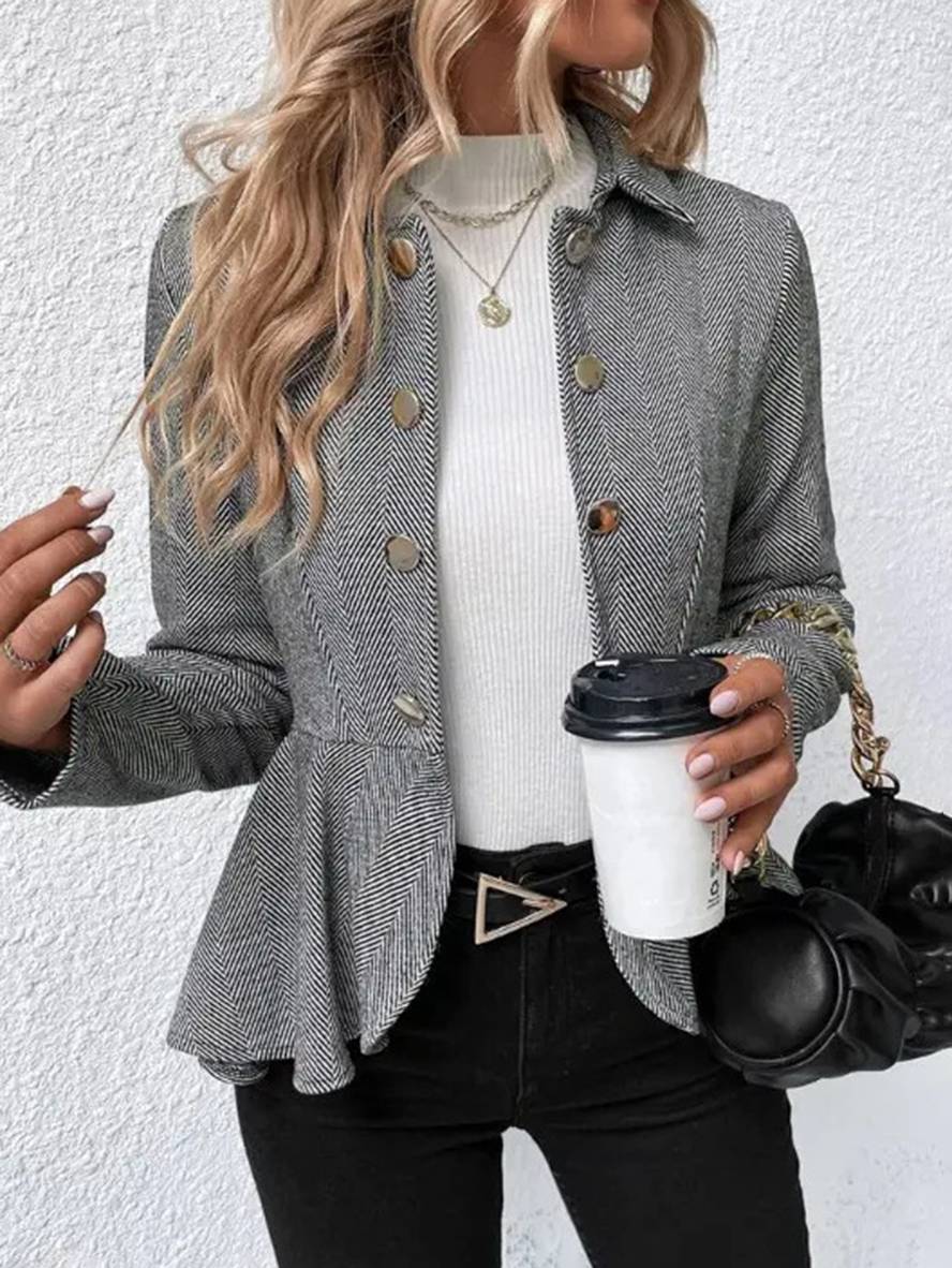 WW | Kurzer Blazer Chevron Peplum Doppelter Knopf Verschluss Reverskragen Lange Ärmel Damen Elegant Lässig Jacke