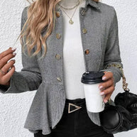 WW | Kurzer Blazer Chevron Peplum Doppelter Knopf Verschluss Reverskragen Lange Ärmel Damen Elegant Lässig Jacke