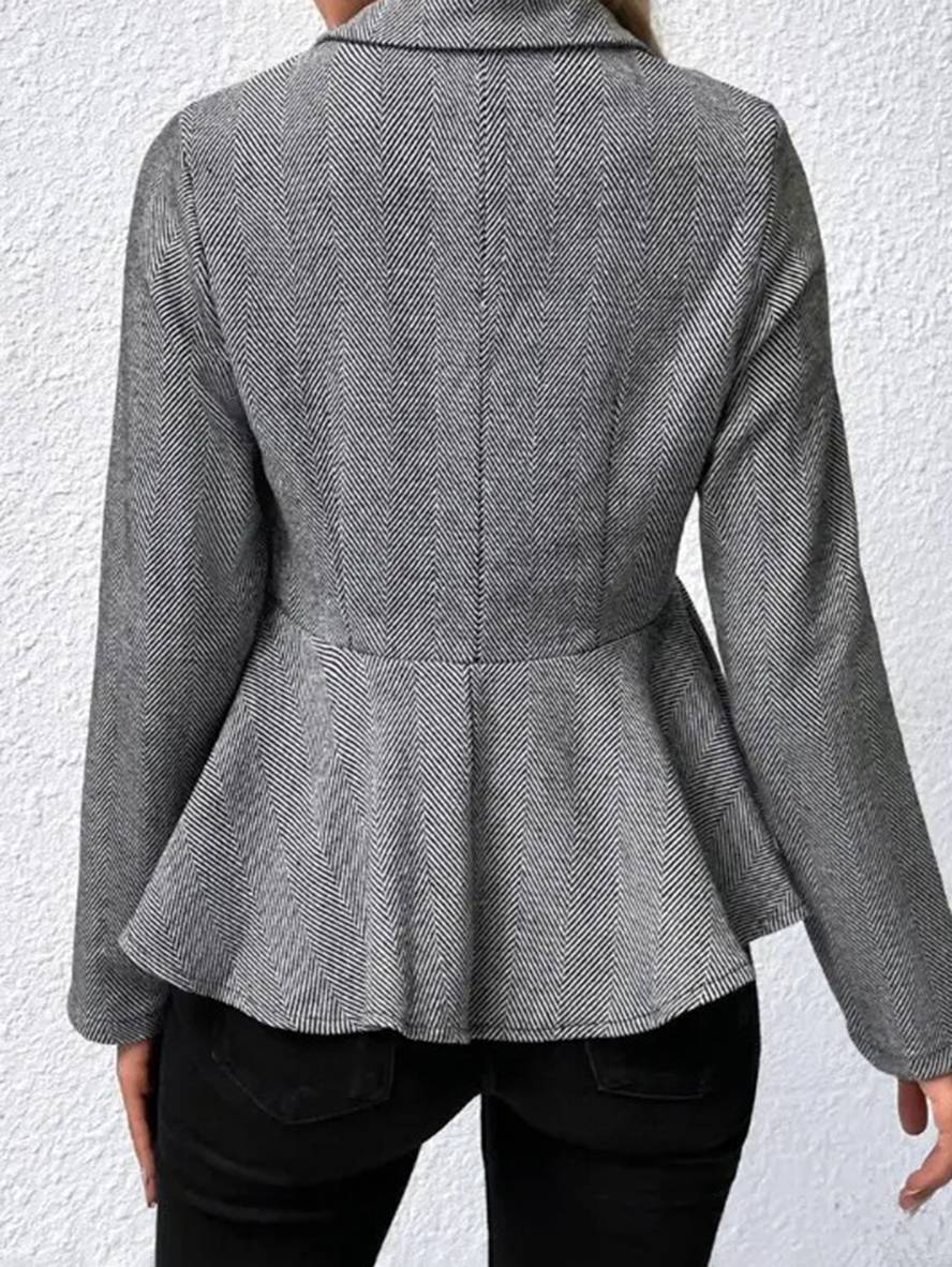 WW | Kurzer Blazer Chevron Peplum Doppelter Knopf Verschluss Reverskragen Lange Ärmel Damen Elegant Lässig Jacke