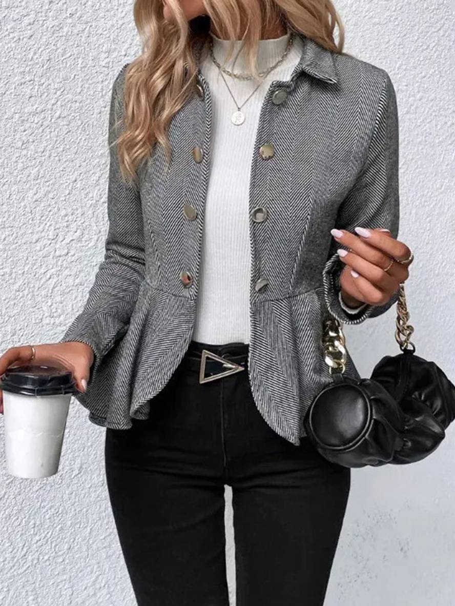 WW | Kurzer Blazer Chevron Peplum Doppelter Knopf Verschluss Reverskragen Lange Ärmel Damen Elegant Lässig Jacke