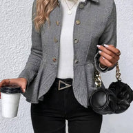 WW | Kurzer Blazer Chevron Peplum Doppelter Knopf Verschluss Reverskragen Lange Ärmel Damen Elegant Lässig Jacke