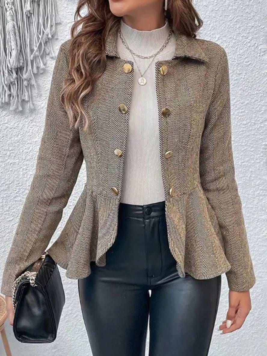 WW | Kurzer Blazer Chevron Peplum Doppelter Knopf Verschluss Reverskragen Lange Ärmel Damen Elegant Lässig Jacke