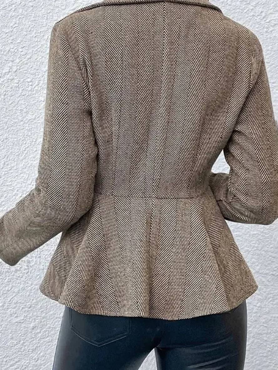 WW | Kurzer Blazer Chevron Peplum Doppelter Knopf Verschluss Reverskragen Lange Ärmel Damen Elegant Lässig Jacke