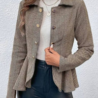 WW | Kurzer Blazer Chevron Peplum Doppelter Knopf Verschluss Reverskragen Lange Ärmel Damen Elegant Lässig Jacke