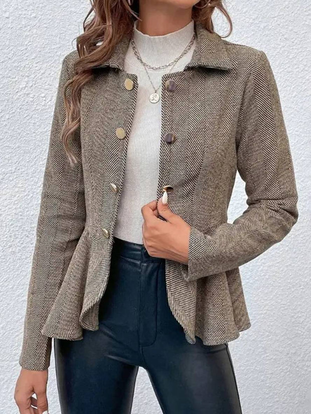 WW | Kurzer Blazer Chevron Peplum Doppelter Knopf Verschluss Reverskragen Lange Ärmel Damen Elegant Lässig Jacke