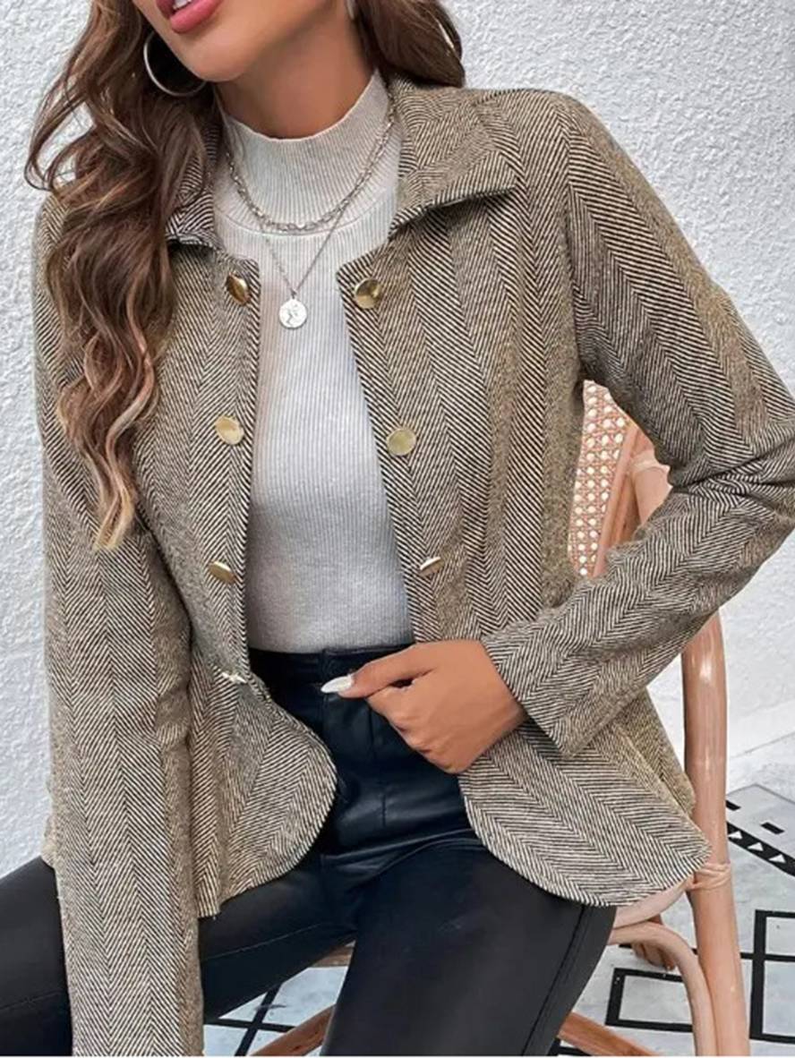 WW | Kurzer Blazer Chevron Peplum Doppelter Knopf Verschluss Reverskragen Lange Ärmel Damen Elegant Lässig Jacke