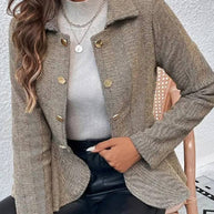 WW | Kurzer Blazer Chevron Peplum Doppelter Knopf Verschluss Reverskragen Lange Ärmel Damen Elegant Lässig Jacke