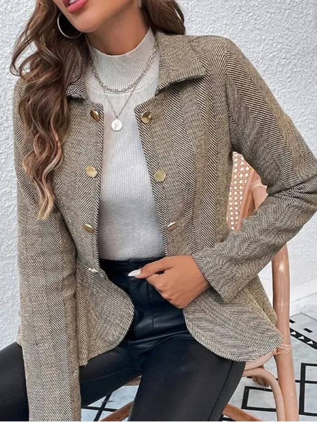 WW | Kurzer Blazer Chevron Peplum Doppelter Knopf Verschluss Reverskragen Lange Ärmel Damen Elegant Lässig Jacke