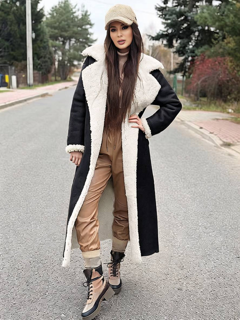 WW | Langer Flieger-Mantel Kunstleder Taschen Reverskragen Lange Ärmel Damen Elegant Lässig Oversized Casual Winter Jacke