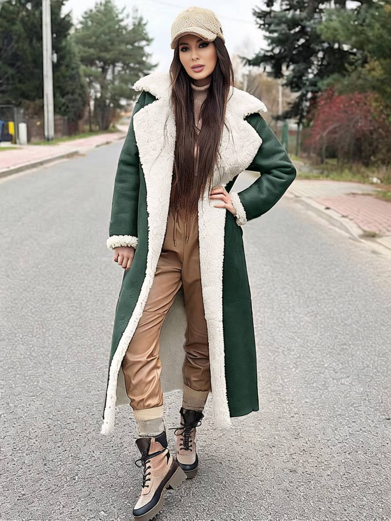 WW | Langer Flieger-Mantel Kunstleder Taschen Reverskragen Lange Ärmel Damen Elegant Lässig Oversized Casual Winter Jacke