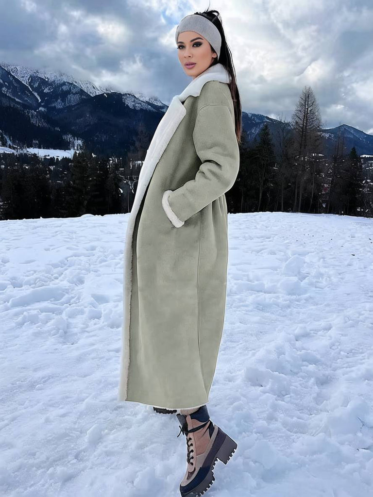 WW | Langer Flieger-Mantel Kunstleder Taschen Reverskragen Lange Ärmel Damen Elegant Lässig Oversized Casual Winter Jacke
