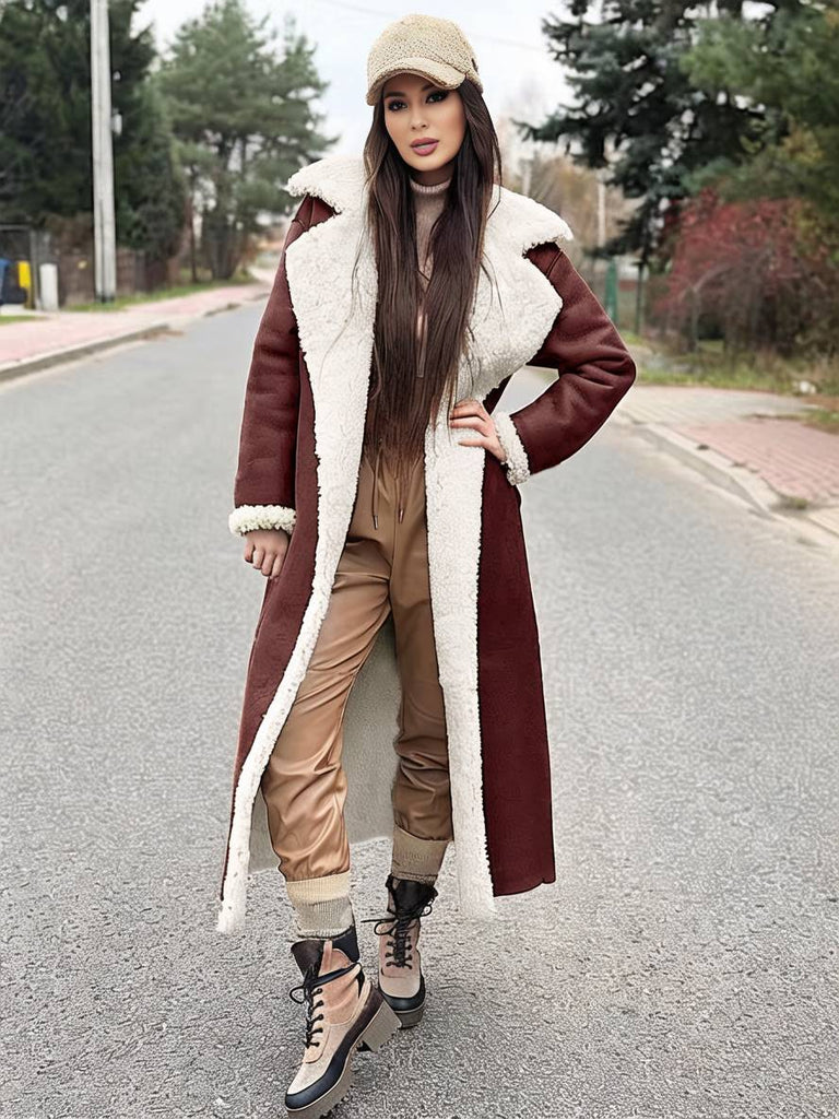 WW | Langer Flieger-Mantel Kunstleder Taschen Reverskragen Lange Ärmel Damen Elegant Lässig Oversized Casual Winter Jacke