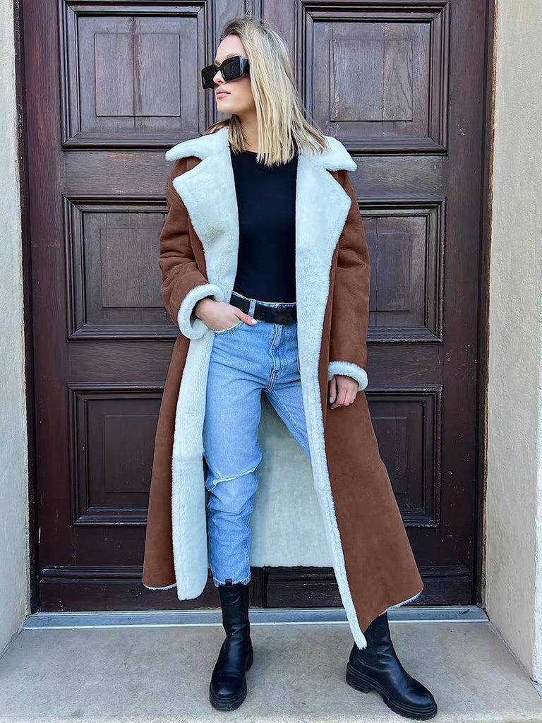 WW | Langer Flieger-Mantel Kunstleder Taschen Reverskragen Lange Ärmel Damen Elegant Lässig Oversized Casual Winter Jacke