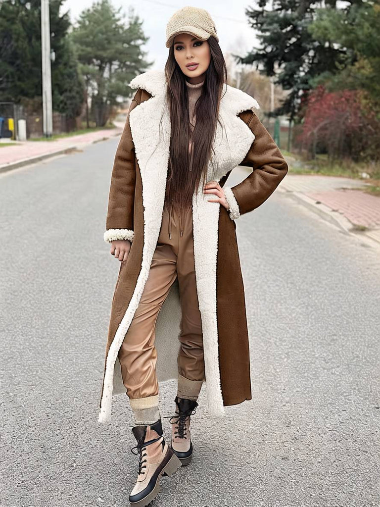 WW | Langer Flieger-Mantel Kunstleder Taschen Reverskragen Lange Ärmel Damen Elegant Lässig Oversized Casual Winter Jacke