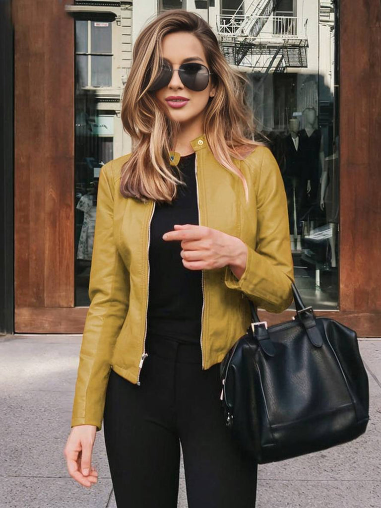 WW | Kurz Perfekto aus Kunstleder Stehkragen Lange Ärmel Damen Elegant Lässig Jacke Herbst