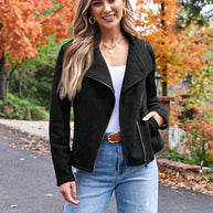 WW | Perfekte Wildlederjacke aus Suedine mit Reißverschlusstaschen Reverskragen Lange Ärmel Damen Lässige Mode