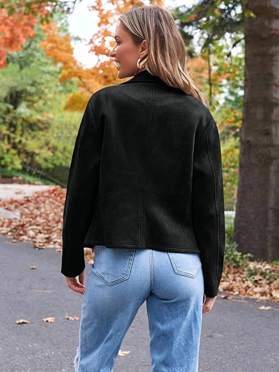 WW | Perfekte Wildlederjacke aus Suedine mit Reißverschlusstaschen Reverskragen Lange Ärmel Damen Lässige Mode