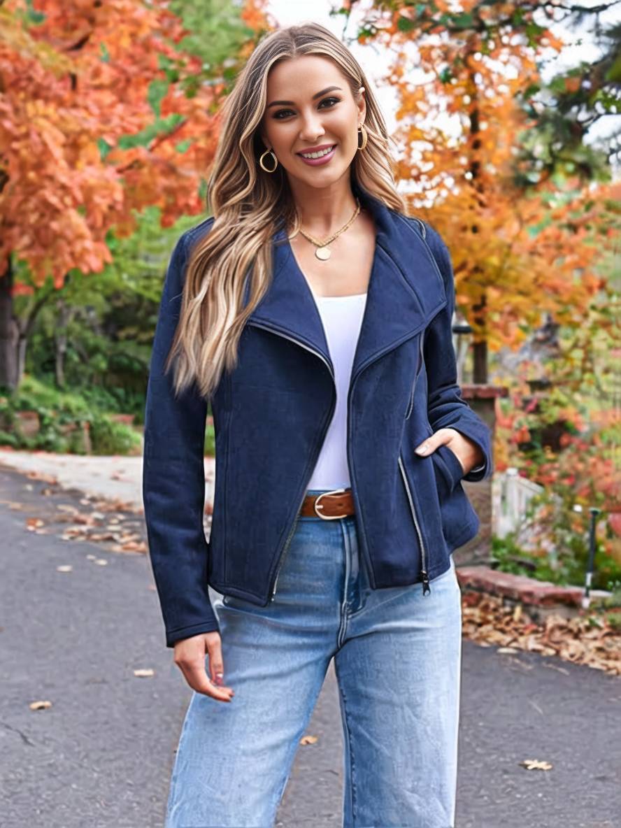 WW | Perfekte Wildlederjacke aus Suedine mit Reißverschlusstaschen Reverskragen Lange Ärmel Damen Lässige Mode