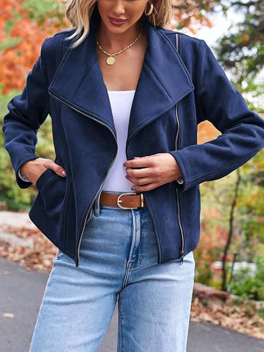 WW | Perfekte Wildlederjacke aus Suedine mit Reißverschlusstaschen Reverskragen Lange Ärmel Damen Lässige Mode